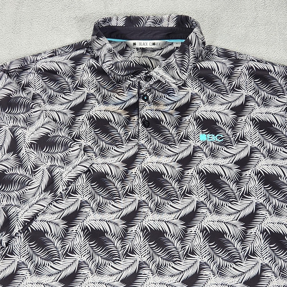 Black Clover Polo Shirt Mens XL Black Palm Leaf‎ Golf Live Lucky Polyester Print